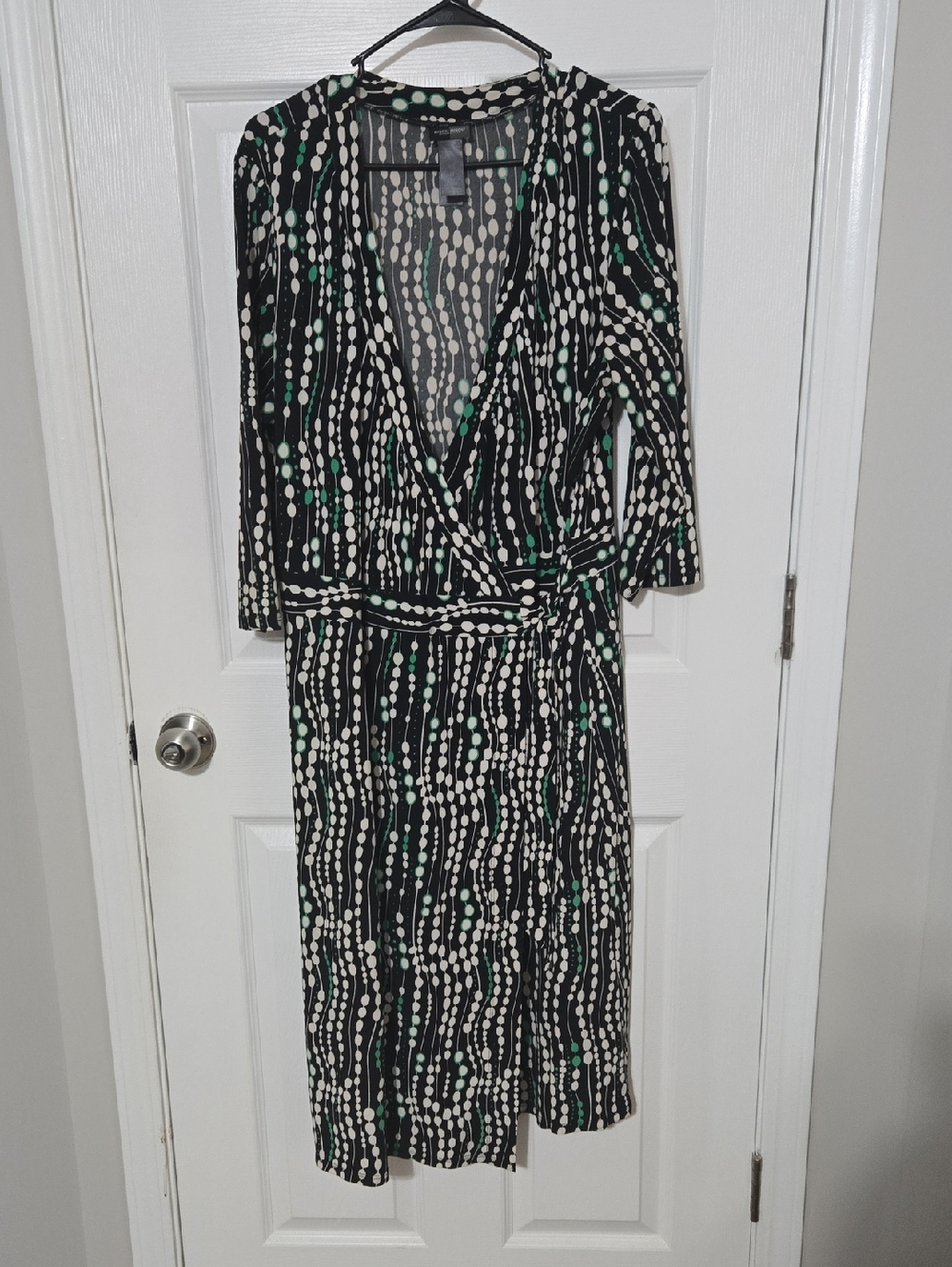 Black and White Dot-Print Wrap Dress with Green Accents